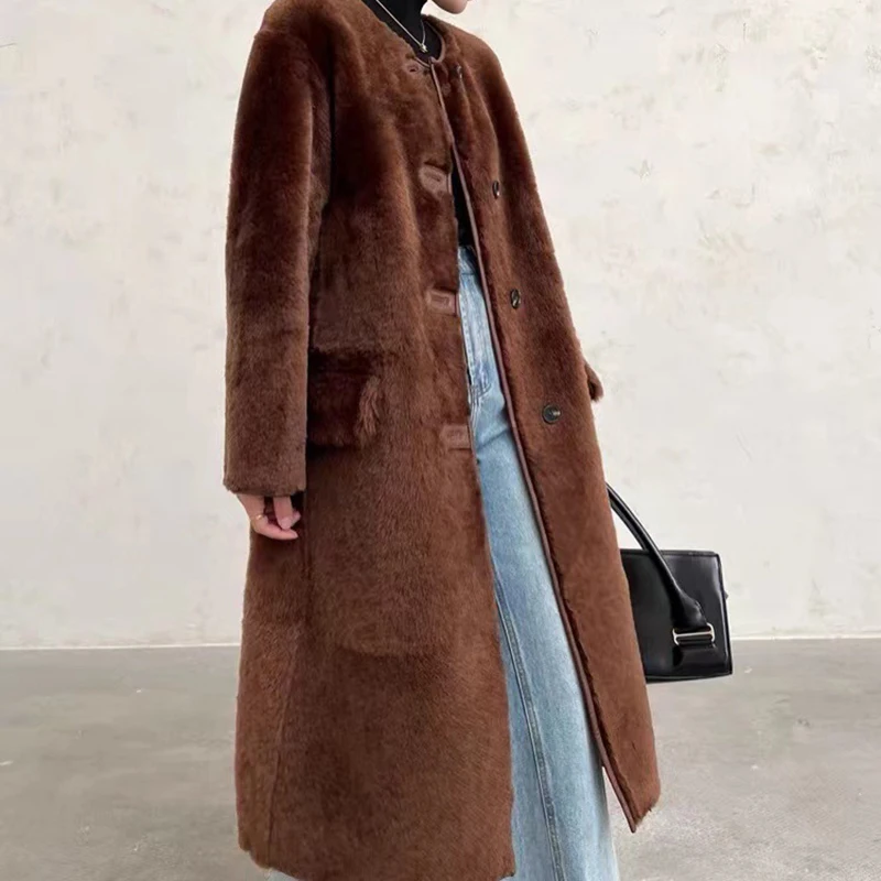 Genuine Leather and Fur Coat Women Winter Fashion Sheep Shearing O-Neck Loose Slim Simple Coffe/Camel Long Maomaokong Fur Jacket