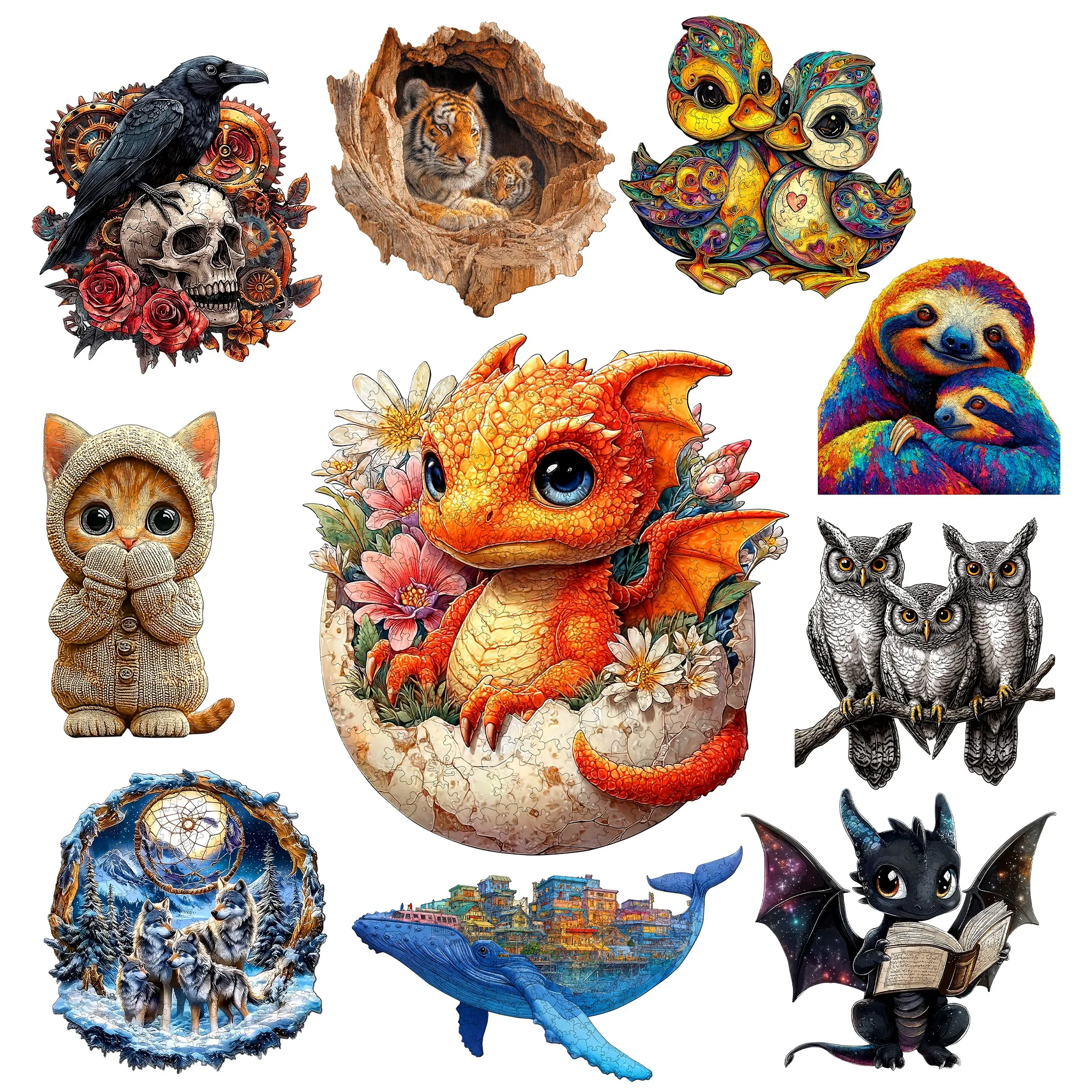 Dragon Inside the Eggshell Theme Wooden Jigsaw Puzzle Wooden Decor Painting Christmas and Halloween Gift Toy for Teen and Kid