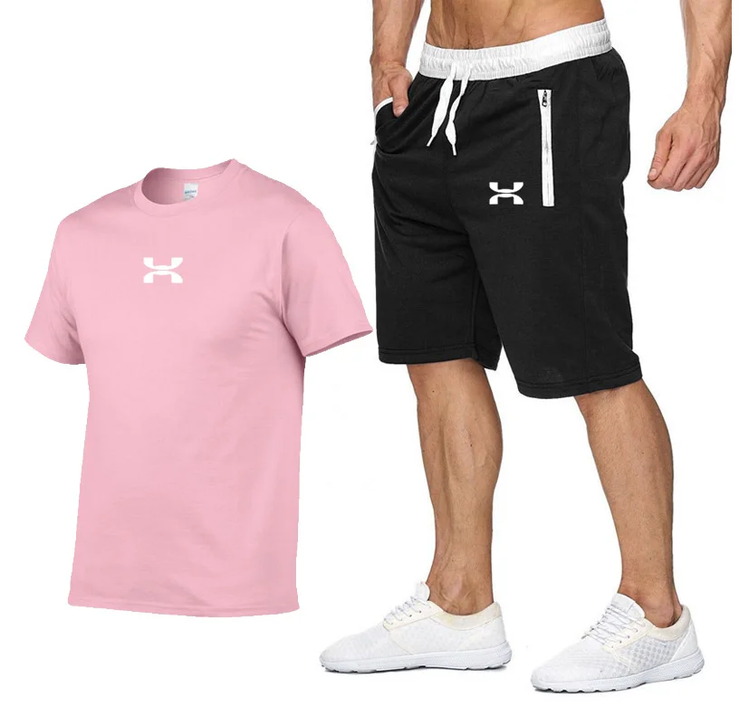 Summer New 100% Cotton Men's T Shirts Shorts 2Pcs Sets Suit Leisure Sportswear Gym Y2K Tracksuit Brand Clothes