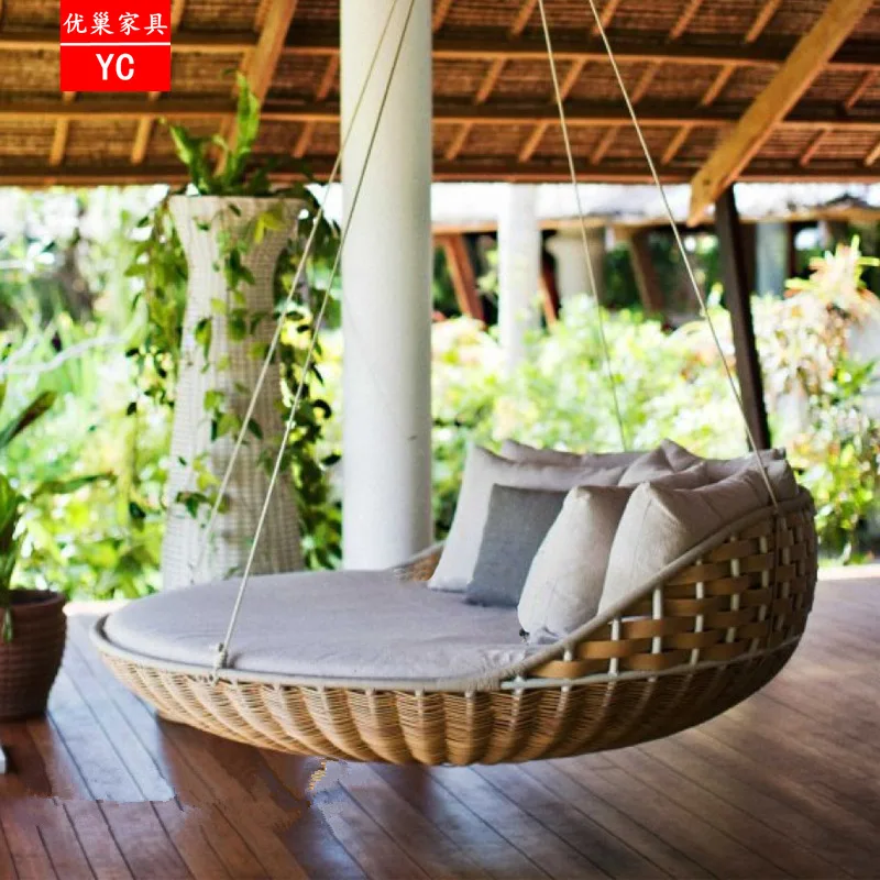Outdoor Furniture Hanging Creative Round Bed Hanging Chair Swing Rocking Chair Rattan Sofa Hanging Basket Balcony Reso