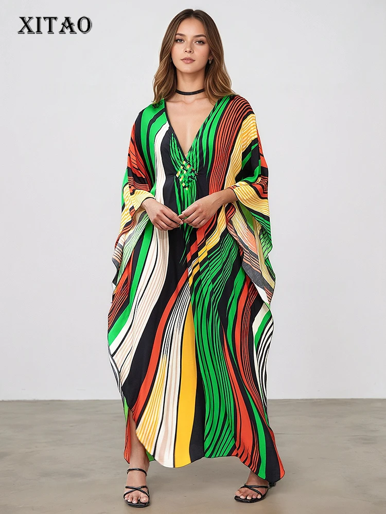 

XITAO Contrast Color Striped Loose Dress V-neck Pullover Print Side Slit Casual Slimming Summer Simple Summer Woman Dress GJ1184