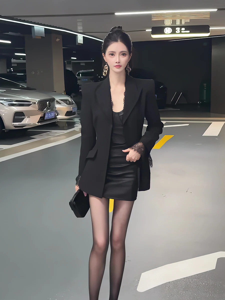 

Slim Fit Lace Patchwork Single Button Waistcoat Women's Suit Jacket Commute Style Long Sleeve Regular Length Pure Color