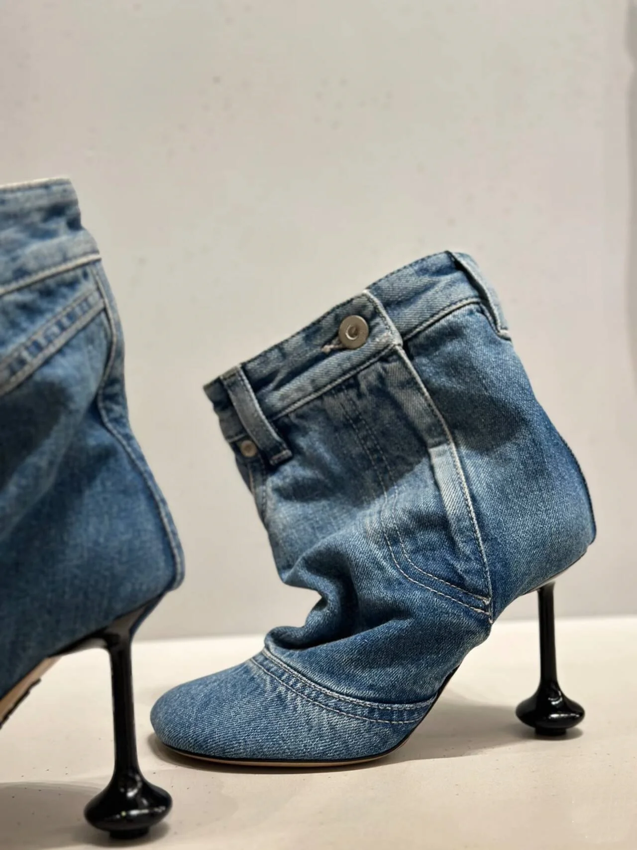 Denim Pointed Toe Mid-Calf Women pants Boots Stiletto High Heels Buttom Design Large Size Fashion Show Shoes