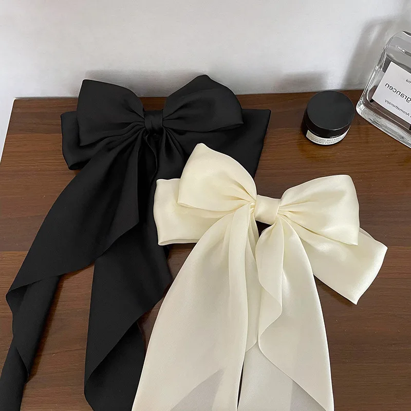 Korean Minimalist Satin Bow Hair Clips — Long Ribbon Tails, Spring Snap Clips for Ponytail & Bun, Vintage Chic