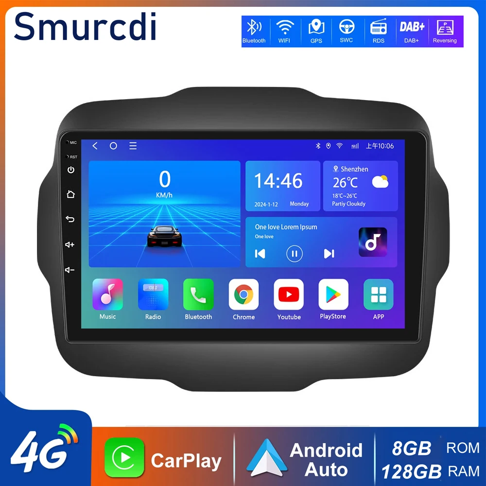 Android 16 para Jeep Renegade 2016 2017 2018 2019 2020 Rádio de Carro Android Multimídia Reprodutor de Vídeo GPS CarPlay Auto 4G+WiFi Estéreo
