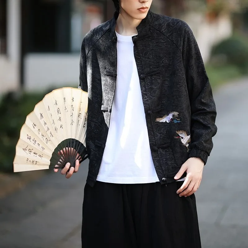 Ricamo gru in stile cinese da uomo Colletto rialzato abbottonato in stile cinese Abito Tang Primavera Casual Cappotto taglie forti Tendenza moda