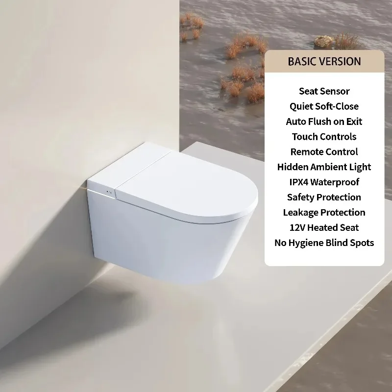 Wall-Hung Smart Toilet with Seat Ring Sensor Heated Seat Remote Control & Auto Flush Stand-up Feature