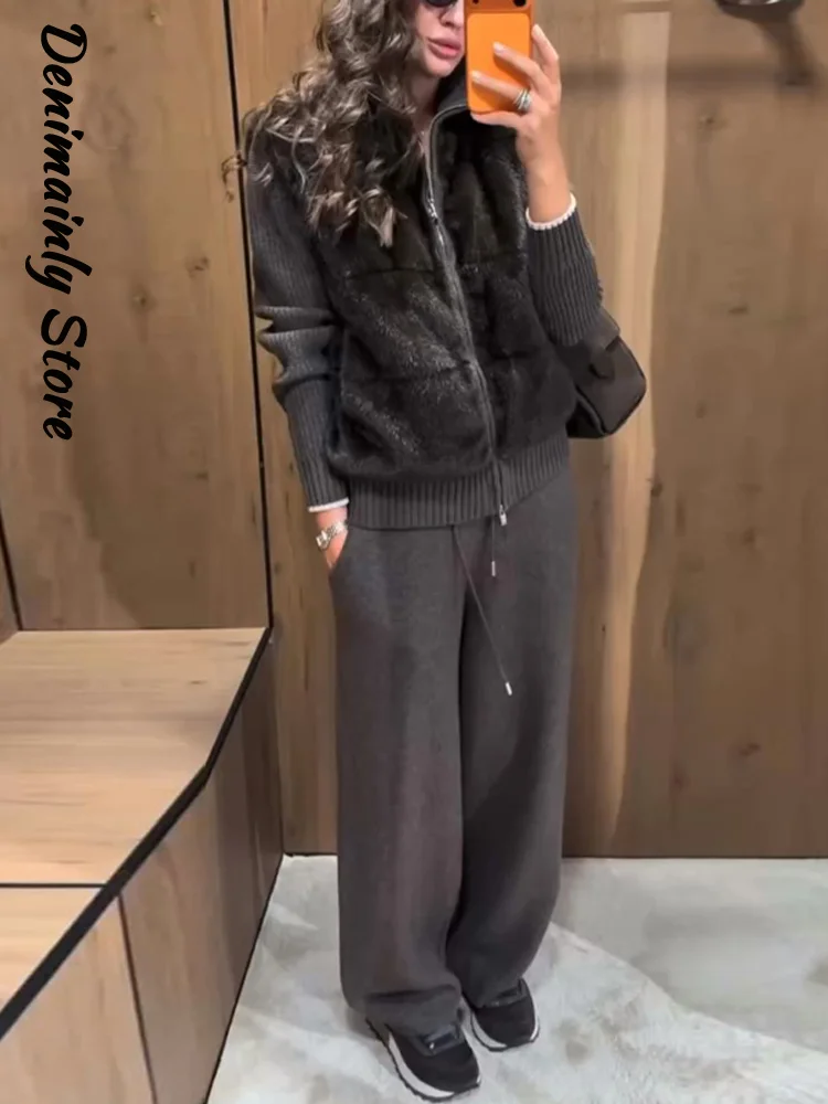 Elegant Faux Fur Twill Patchwork Knit Coat Women high Collar Zipper Full Sleeve Thick Jackets 2025 Winter Outwear 2026Spring New