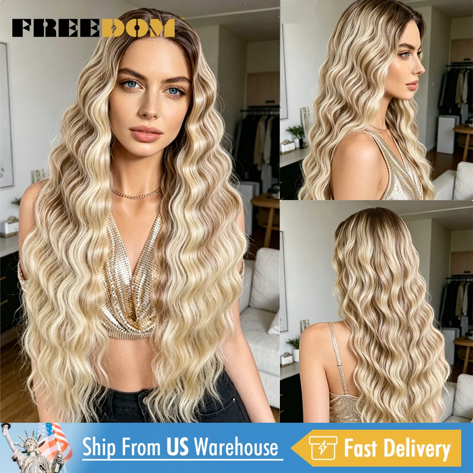 FREEDOM Synthetic Lace Front Wigs For Women 28 Deep Wave Wig Ombre Brown Blonde Highlight Cosplay Lace Wig US Local Shipping