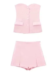 HH Summer Women Elegant Pink Shorts Skirts Sets Front Button Tube Tops Slim Slit Shorts Culottes Female Fashion Streetwear