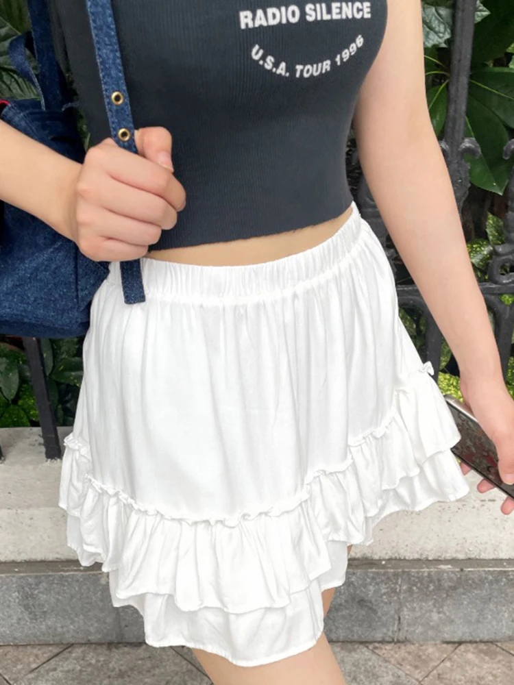 

Women's Casual Solid Ruffles Skirt Summer Sweet Cotton Elastic High Waist A-line Skirts Female Harajuku Vintage Short Bottoms