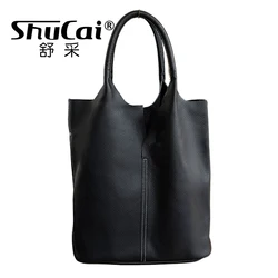 Genuine Leather Bucket Women Large Bag Cowhide HandBags Luxury Designer Black Shoulder Bags for Girls