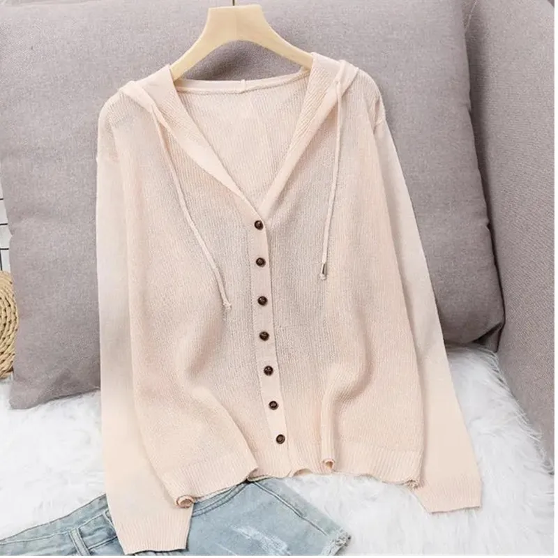 2024 New Summer Short Knitted Cardigan Coat Women\'s Hooded Top Ladies Solid Color Button Sun Protection Thin Outdoor Outwear