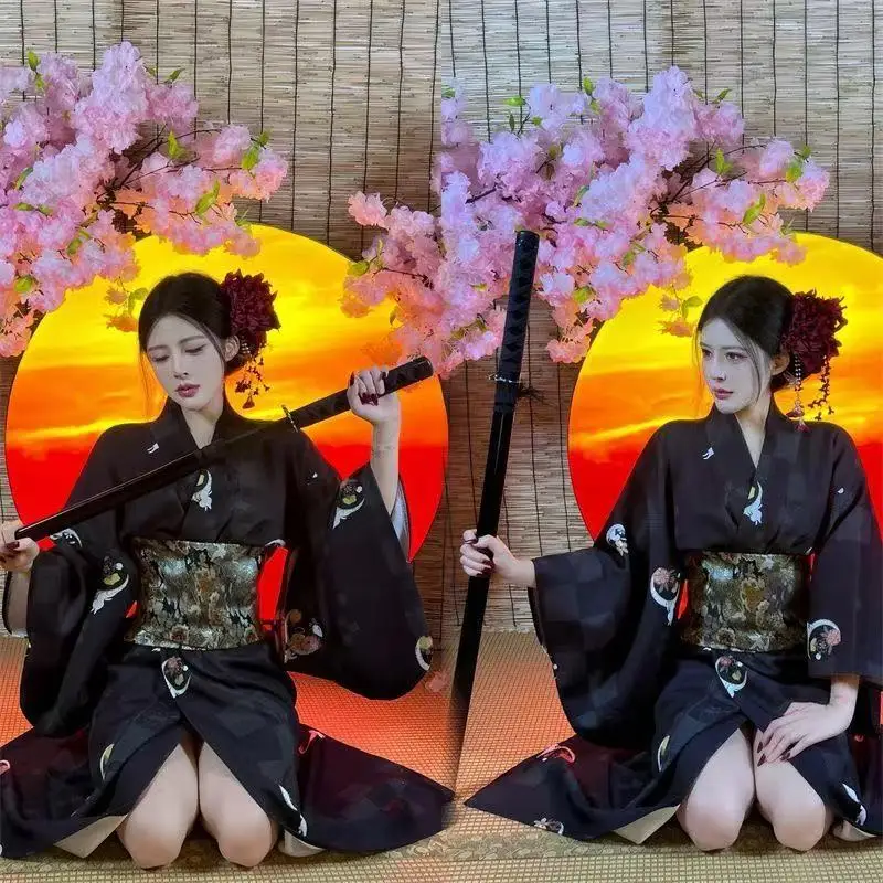 

New Black Kimono Women's Traditional Japanese Clothing Yukata Vintage Carnival Street Photography Bathrobe Asian Geisha Clothes