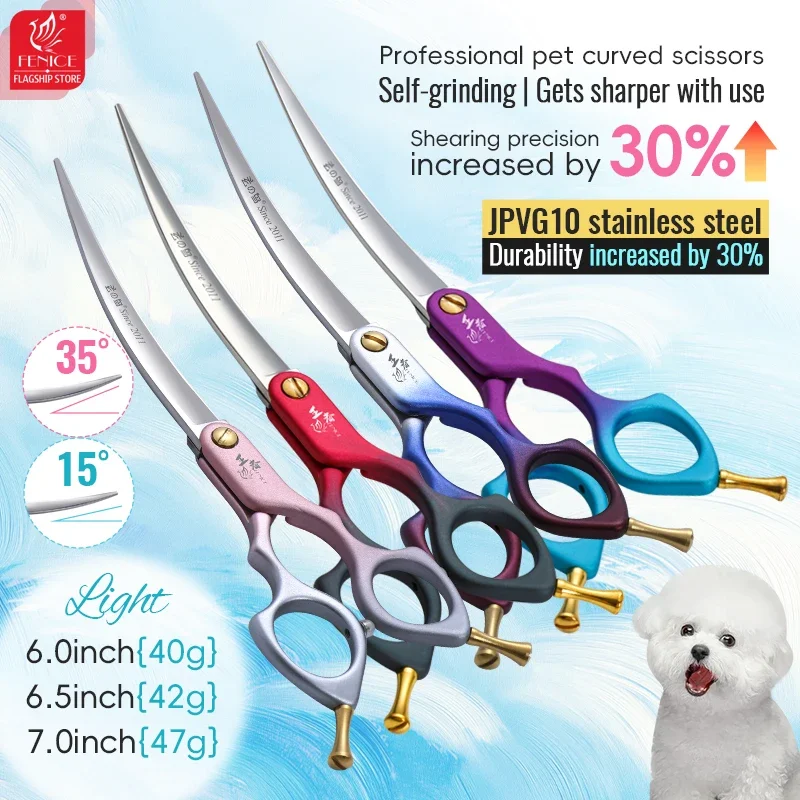 

Fenice King Series JPVG10 Professional 6/6.5/7Inch Lightweigt Curved 35°&15° Grooming Scissors Pet Shears Self Grinding Scissors