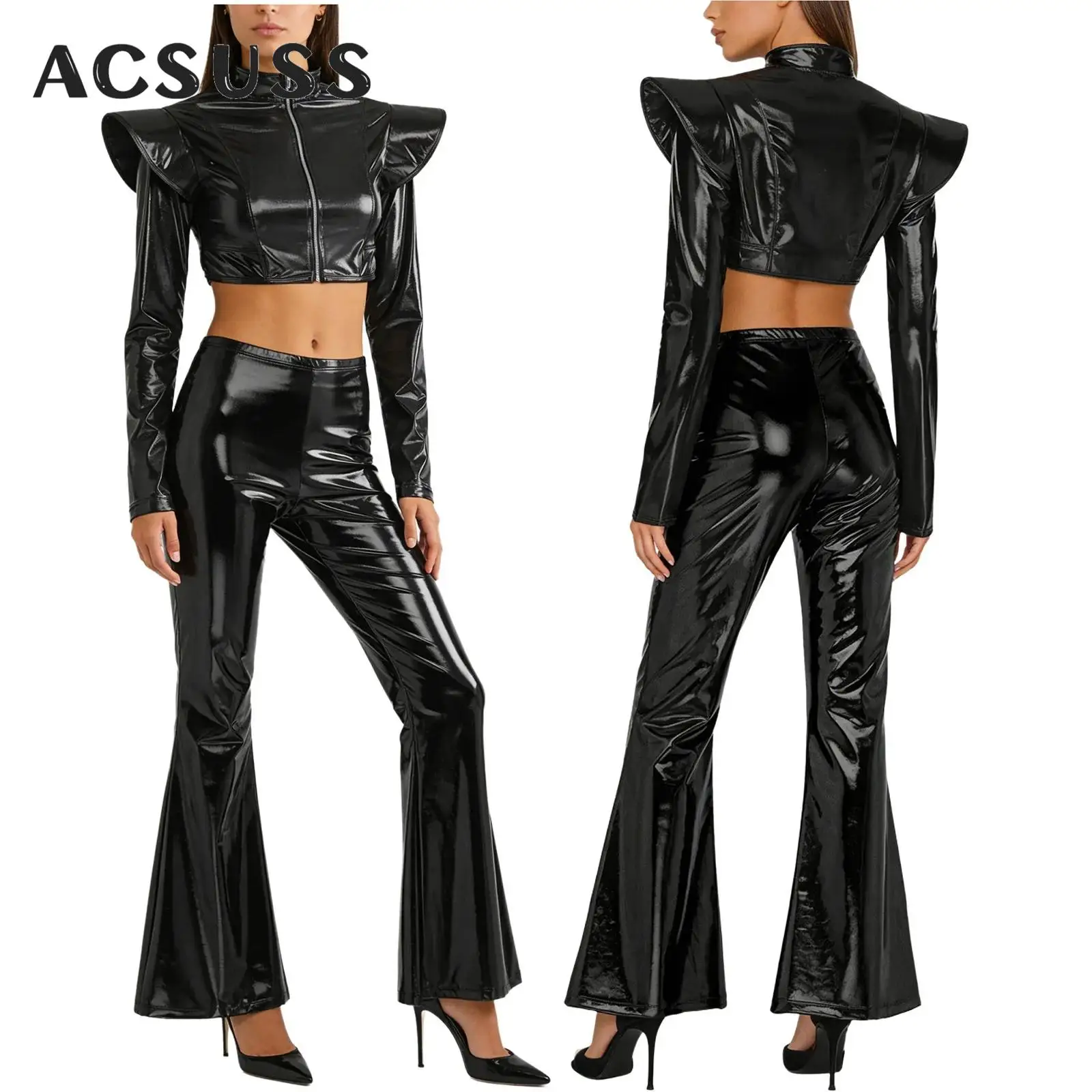 Fantasia Feminina de Robô Alienígena Metálica Brilhante com Blusa Cropped de Manga Longa com Zíper e Calças Boca de Sino para Halloween, Festas de Música Rock e Baladas