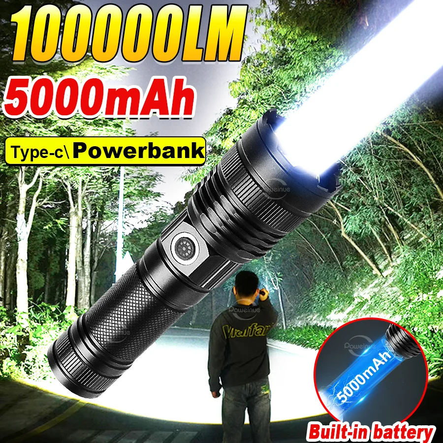 1000000LM 500W High Power LED Rechargeable Flashlights 5000MAH Ultra Powerful Flashlight LED Camping Spotlight Tactical Torch