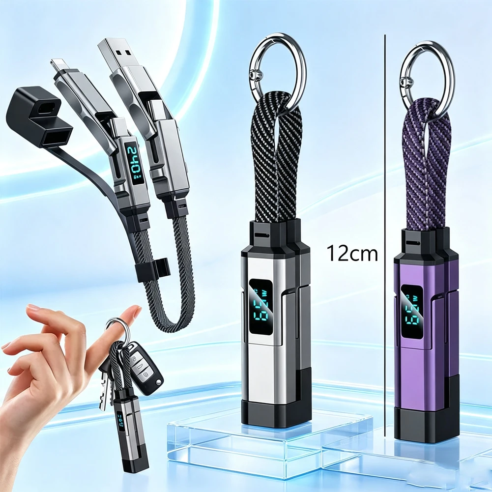 Hot /'New 4 in 1 65W Keychain Charging Cable USB C Cable with V/A/W Display Type C for Portable Cord for Laptop Mobile Phone