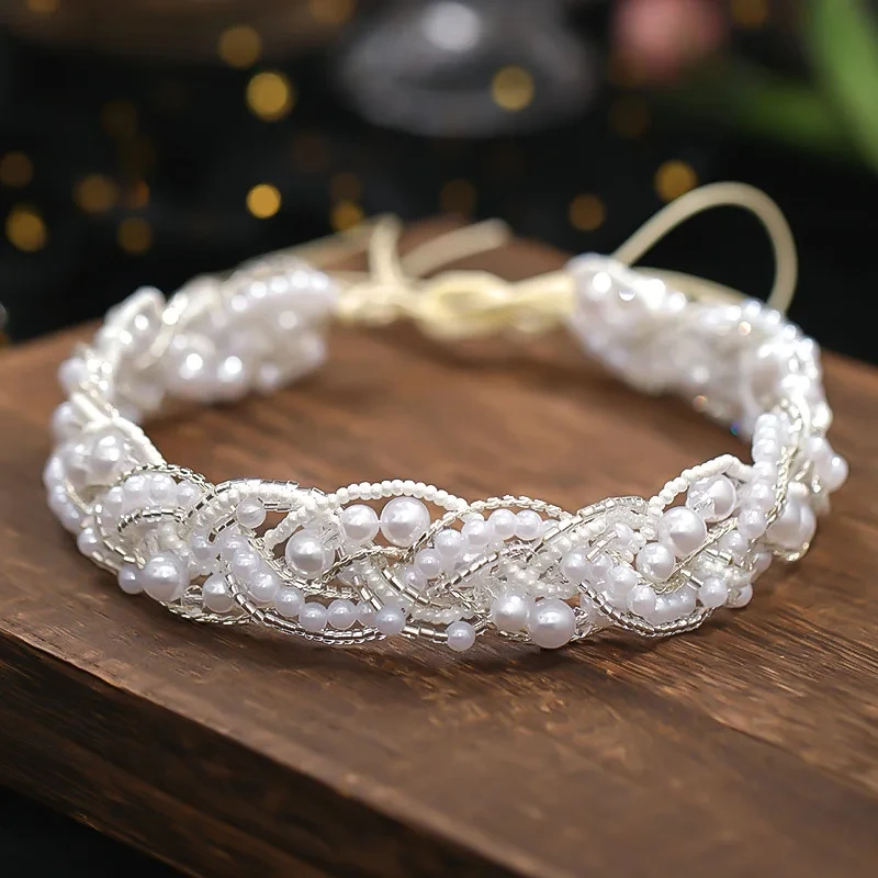 Handmade Silver Color Crystal Pearls Hairbands Wedding Bridal Hair Accessories Long Tiaras Headbands Beads Women Head Jewelry