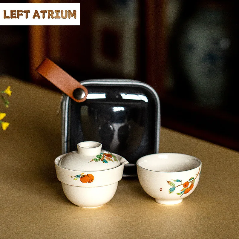 

Hand Drawn Persimmon Travel Tea Set Kit Antique 1 Pot 1 Cups Household Tea Maker Organizer Portable Outdoor Stock Bags Supplies