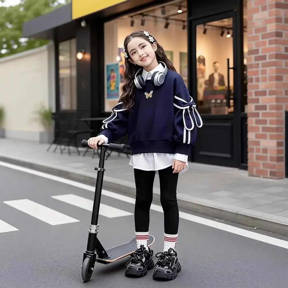 Faux Two Piece Girls Sweatshirt Layered Hem Bow Sleeve Accents Girls Casual Top Preppy Style Navy Long Sleeve Spring Autumn Wear