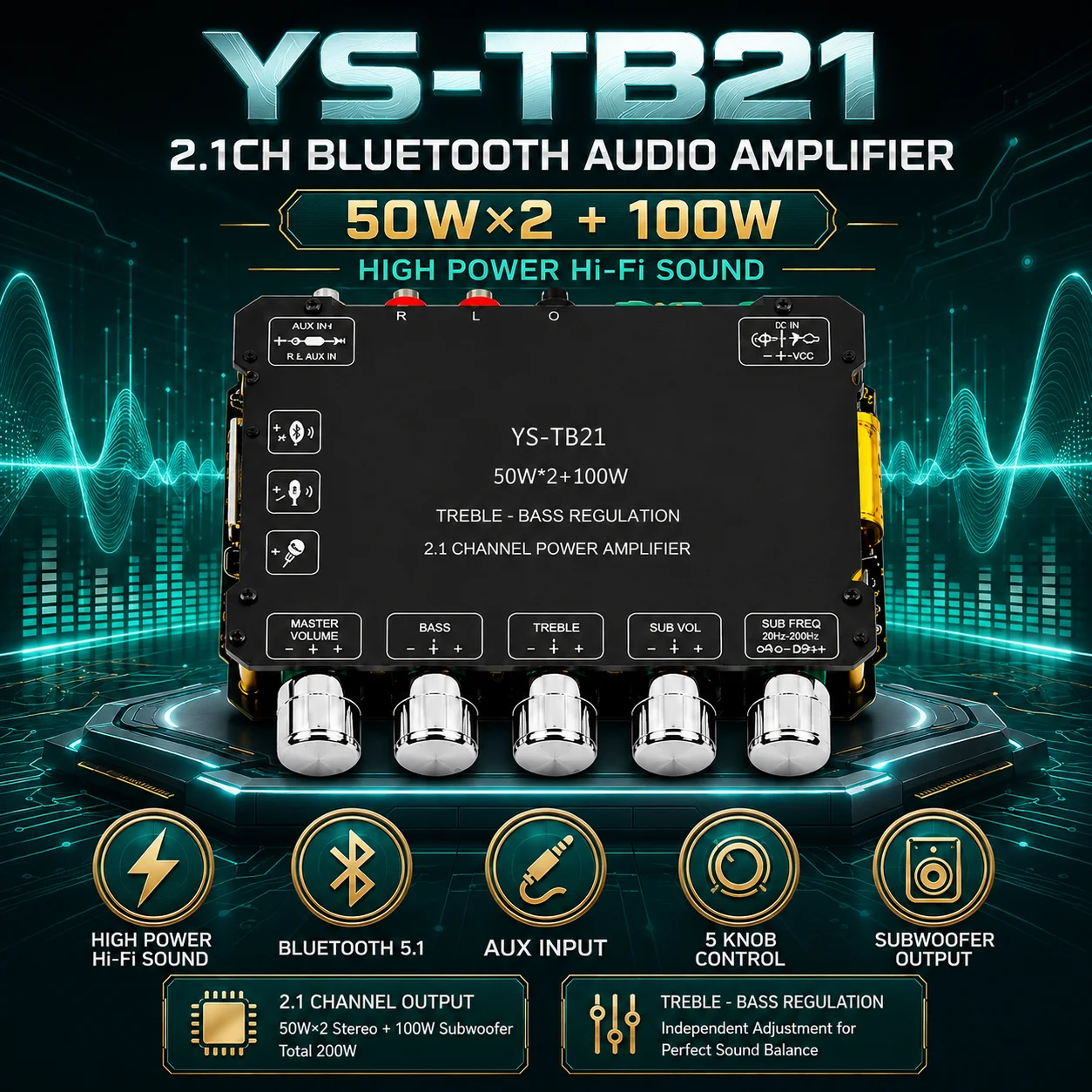 YS-TB21 2.1 Channel Bluetooth 5.1 Amplifier Board 200W 50W×2+100W Subwoofer HiFi Stereo AUX DIY Audio Module