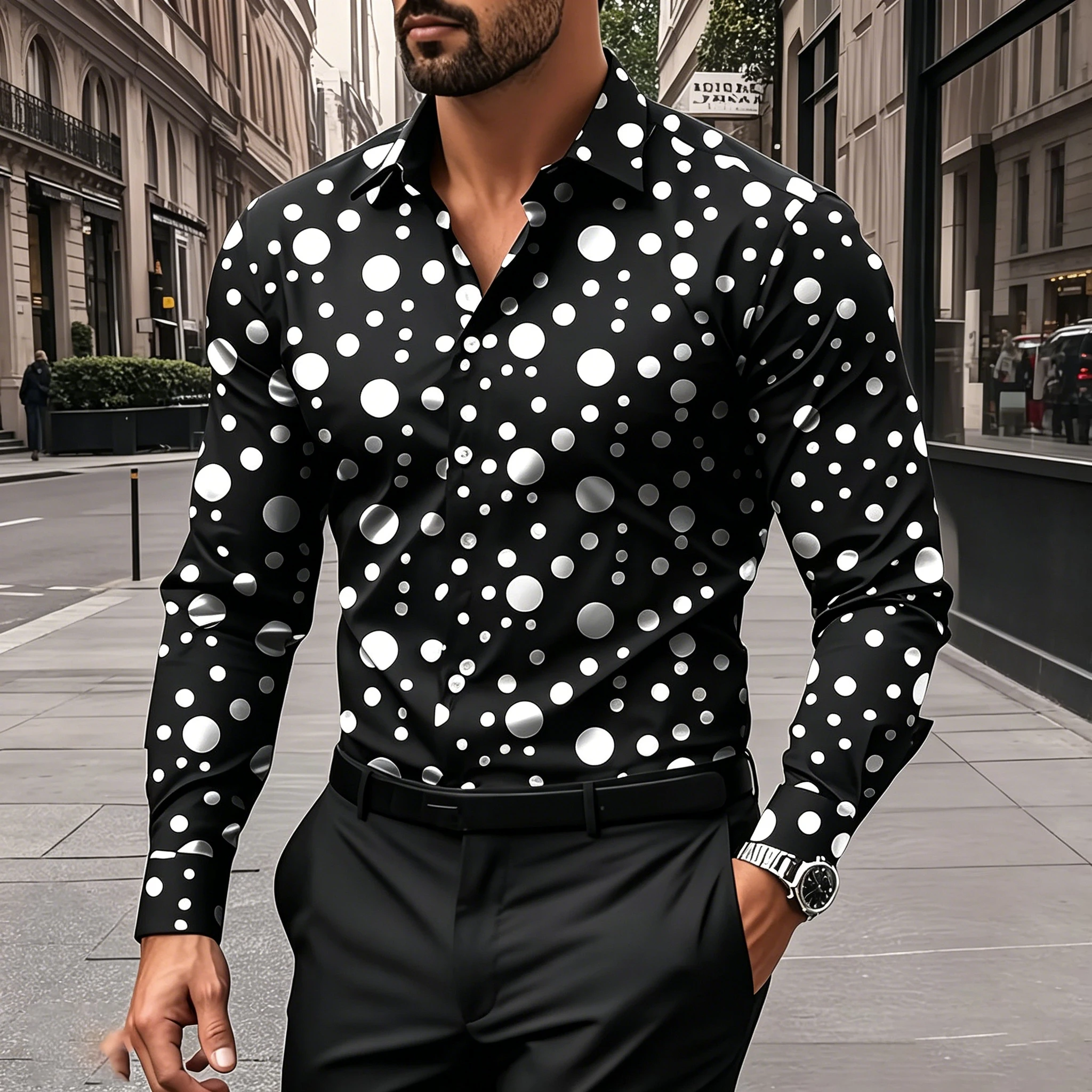 Men's white polka dot collared slim-fit long-sleeved shirt, polka dot all-over print, plus size urban casual cardigan top.