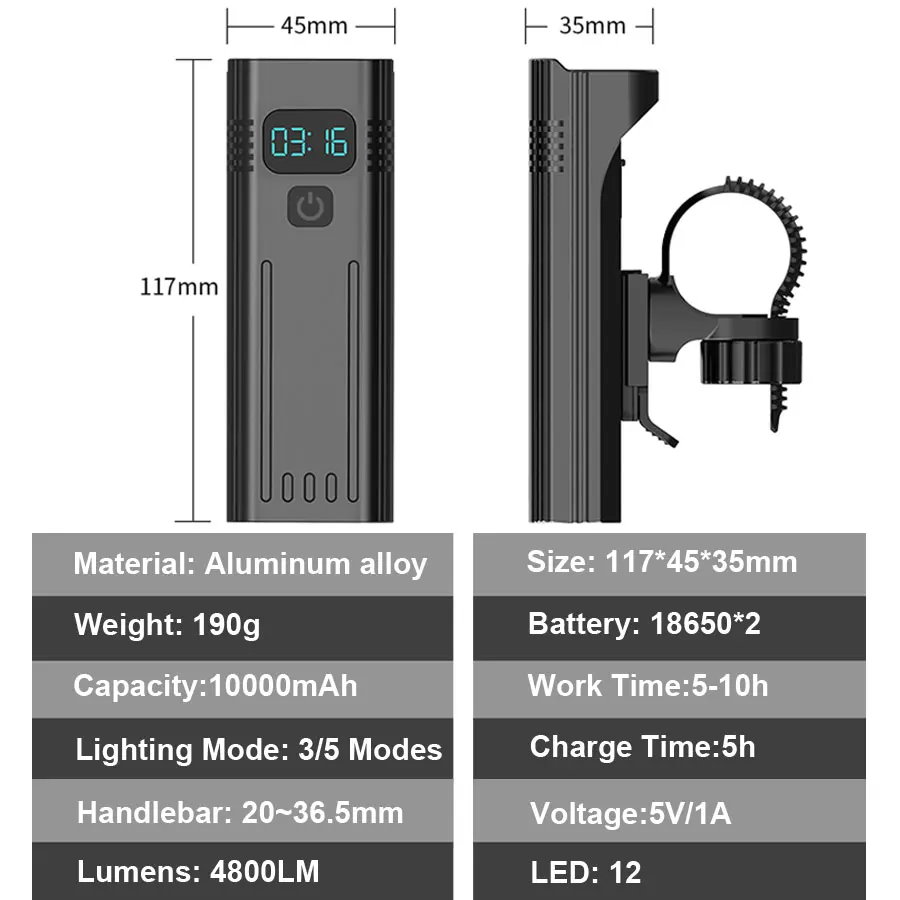 NEWBOLER 12 LED Bike Light 4800 Lumens USB Chargeable Aluminum MTB Bicycle Light 10000mAh Power Bank Headlight Bike Accessorie