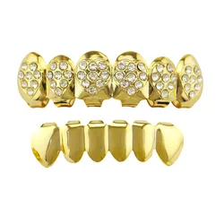 Hip Hop Gold Colour Iced Out CZ Teeth Grillz Top Bottom Men Women Jewelry Tooth Gem Grillz Y2k