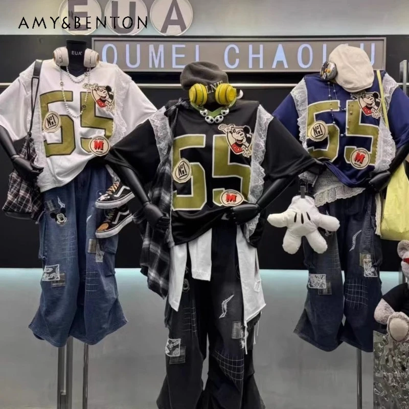 

American Retro Sports Short-sleeved T-shirt Women's Loose Fit Breathable Jersey Fabric Digital Print Fashion Trendy Top Ins Tees