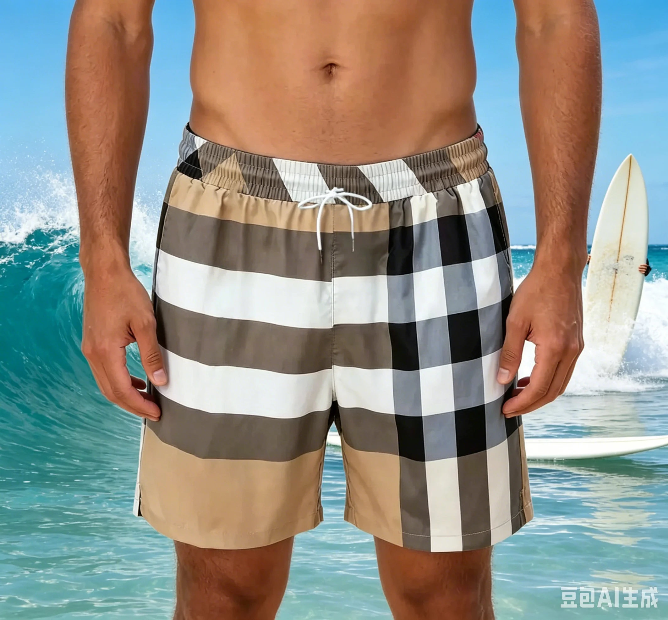 

2026 New Classic Plaid Print Men Swim Trunks Quick Dry Casual Beach Board Shorts with Drawstring Elastic Waist Summer Swimwear