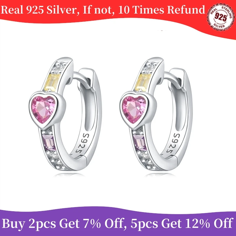 100% 925 Sterling Silver Colorful heart-shaped zircon Hoop Earrings for Women Birthday Party Wedding Engagemen Gift Jewelry