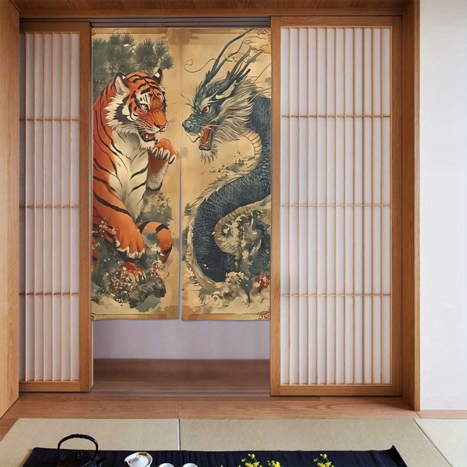VIKAMA Japanese-Style Ink-Wash Dragon and Tiger Door Curtain, Ukiyo-e Kitchen Half-Door Curtain, Entryway Divider Decoration