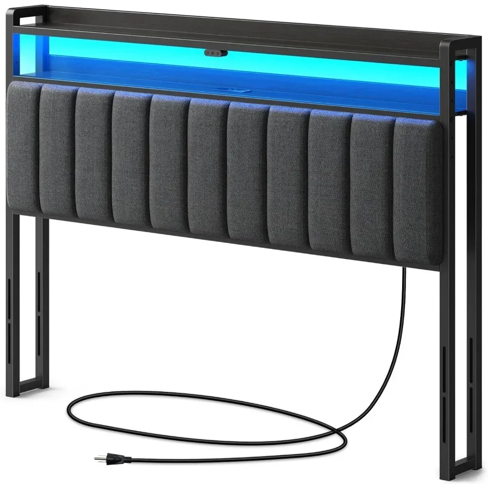 Queen Size Headboard with Storage, 60,000 DIY Color of LED Light and USB & Type C Port, Headboard for Queen Size Bed