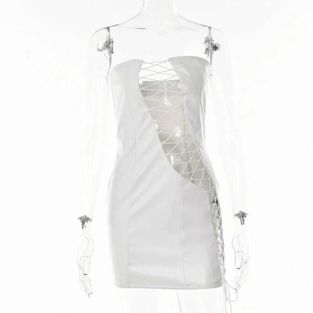 Herfst dames mouwloze tube top strak PU-leer korte mode sexy uitgeholde stropdas taille bodycon-jurk