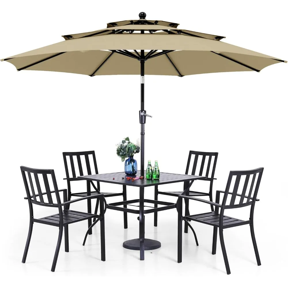 

5 Piece Outdoor Dining Set with 10ft Umbrella, 37" Square Metal Dining Table & 4 Stacking Metal Chair with 3 Tier Beige Umbrell