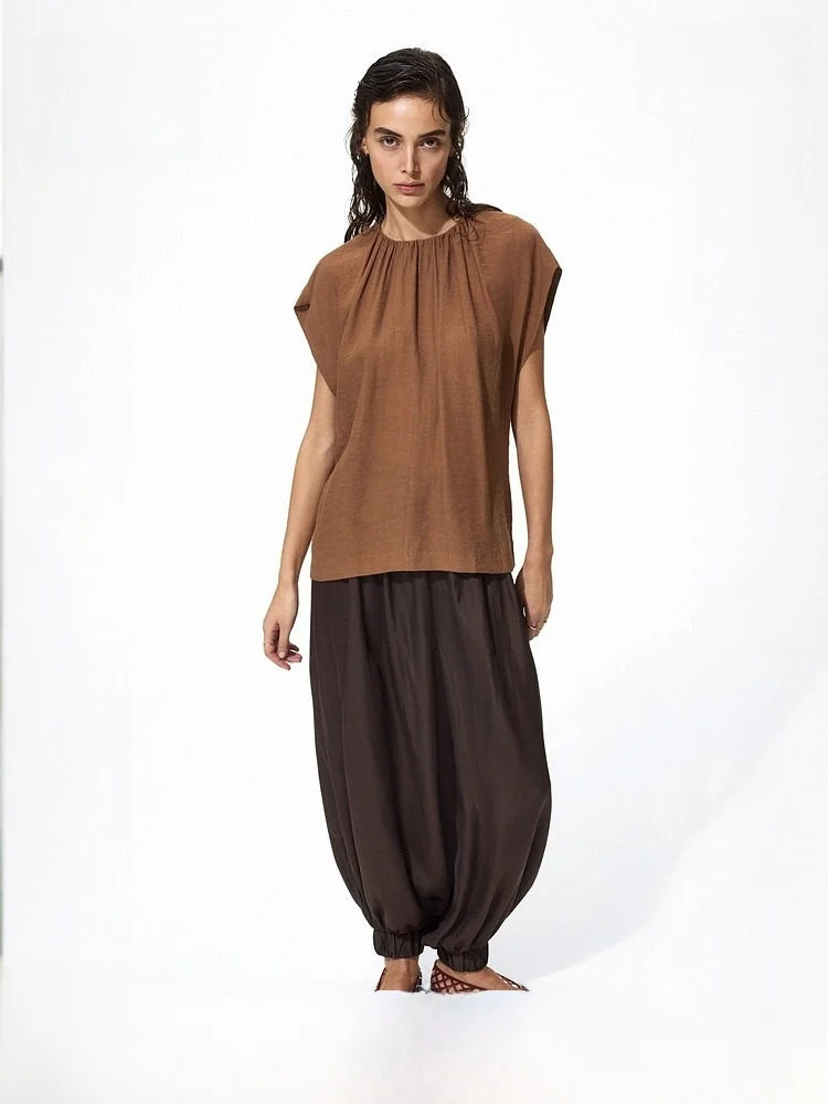 

Новая летняя женская свободная плиссированная блузка H&M из нейлона и вискозы с коротким рукавом и круглым вырезом, повседневная модная рубашка-пуловер