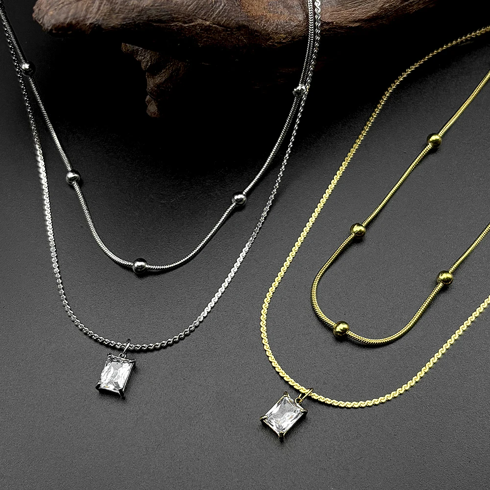 

Double-Layer Chain Choker Necklace for Women Stainless Steel Gold Color Rhinestone Square Pendant Engagement Simple Jewelry