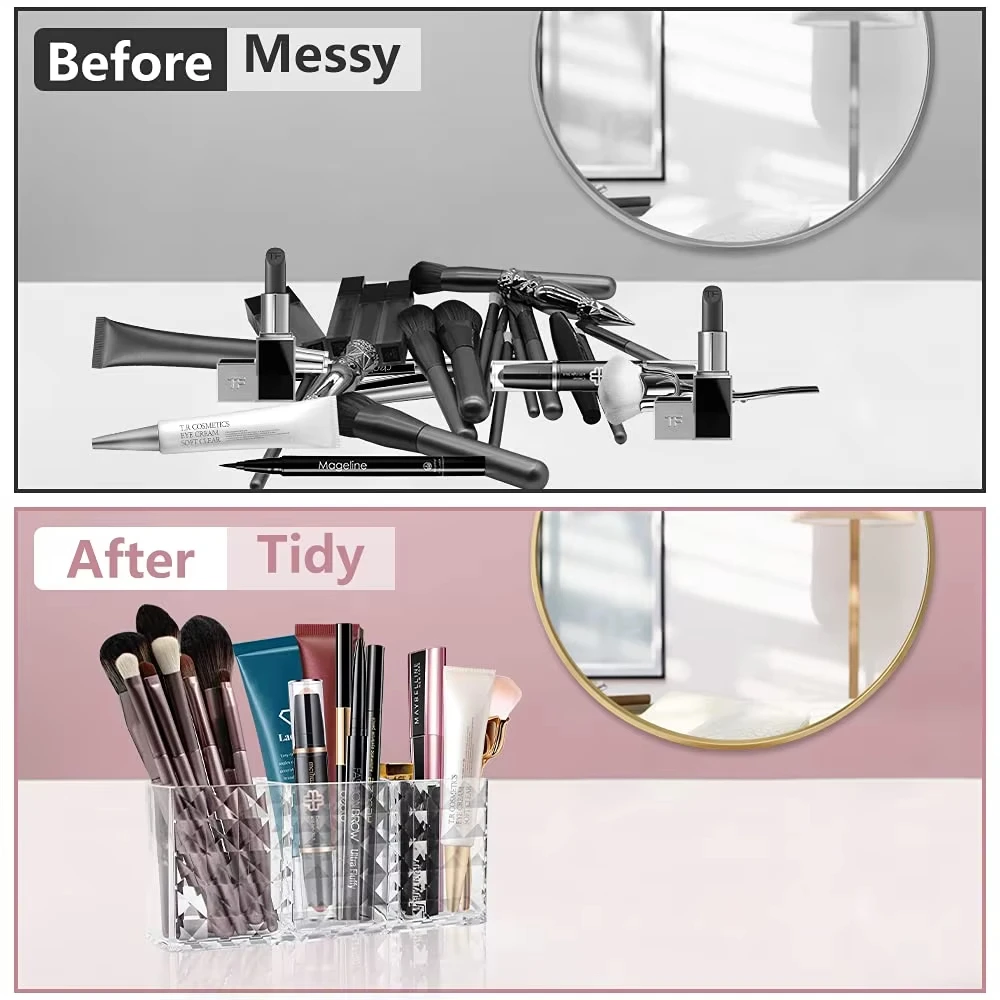 Soporte para cilindro de brochas de maquillaje, organizador de maquillaje cosmético acrílico transparente, tocador, delineadores, lápiz labial, caja de almacenamiento de cristal