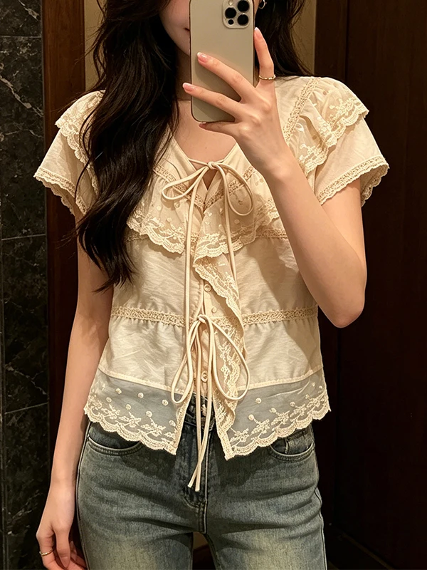 

Large Size Lace Patchwork Short Sleeve Shirt Women Summer 2026 New Style Youthful Doll Shirt Korean Style Commute Wind Shirt