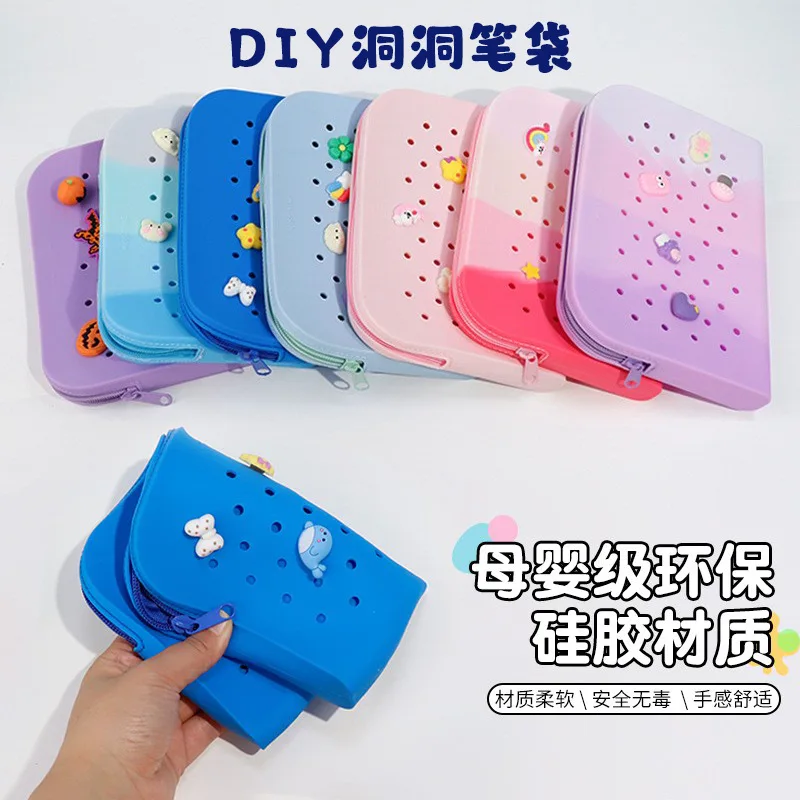DIY Cute Silicone Pencil Case With Holes, Large Capacity Box For Students, Simple Stationery Storage Bag Wholesale