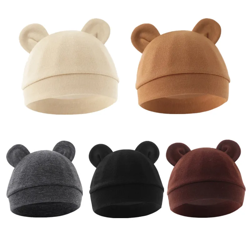 Solid Color Thin Baby Nursery Beanie Cartoon Bear Ear Cotton Newborn Fetal Bonnet For 0-3 Months Baby Hat Baby Accessories