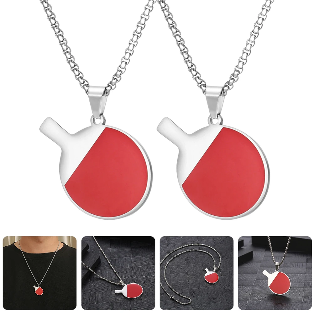 

2Pcs Table Tennis Paddle Necklace 60cm Red Creative Sports Style Titanium Steel Pendant Neck Chain for Men Women