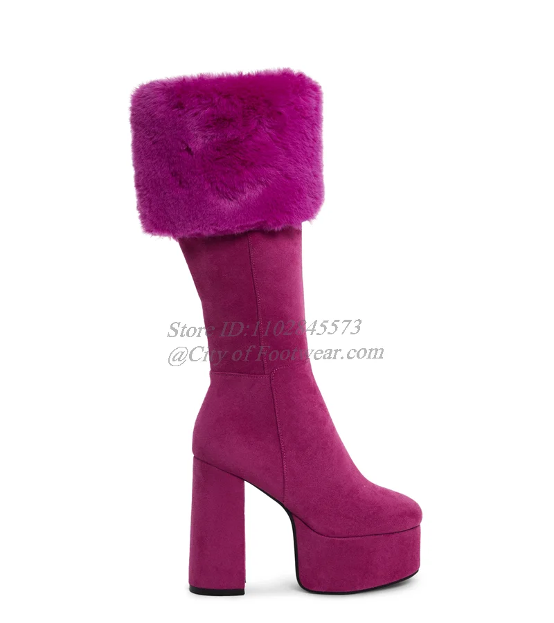 Rose Red Suede Fur Platform High Boots Women's Chunky Heel Warm Christmas Luxury Designer Big Size Winter Lolita Party Shoes