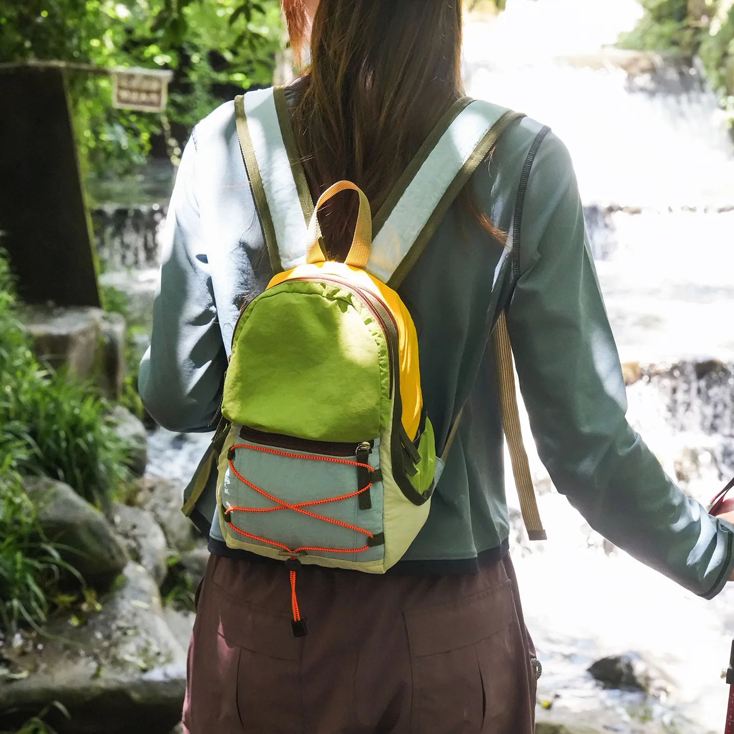 Women Mini Backpack Color Block Lightweight Nylon Rucksack with Top Handle Elastic Cord Outdoor Hiking Camping Travel Bag