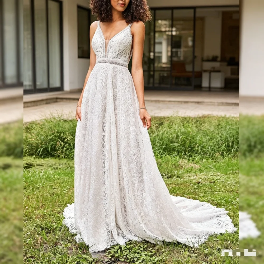 

Customized Elegant Long Wedding Dresses V-Neck Backless Floor-Length A-Line Brides Dress Women Vestidos De Novias Gowns 2026