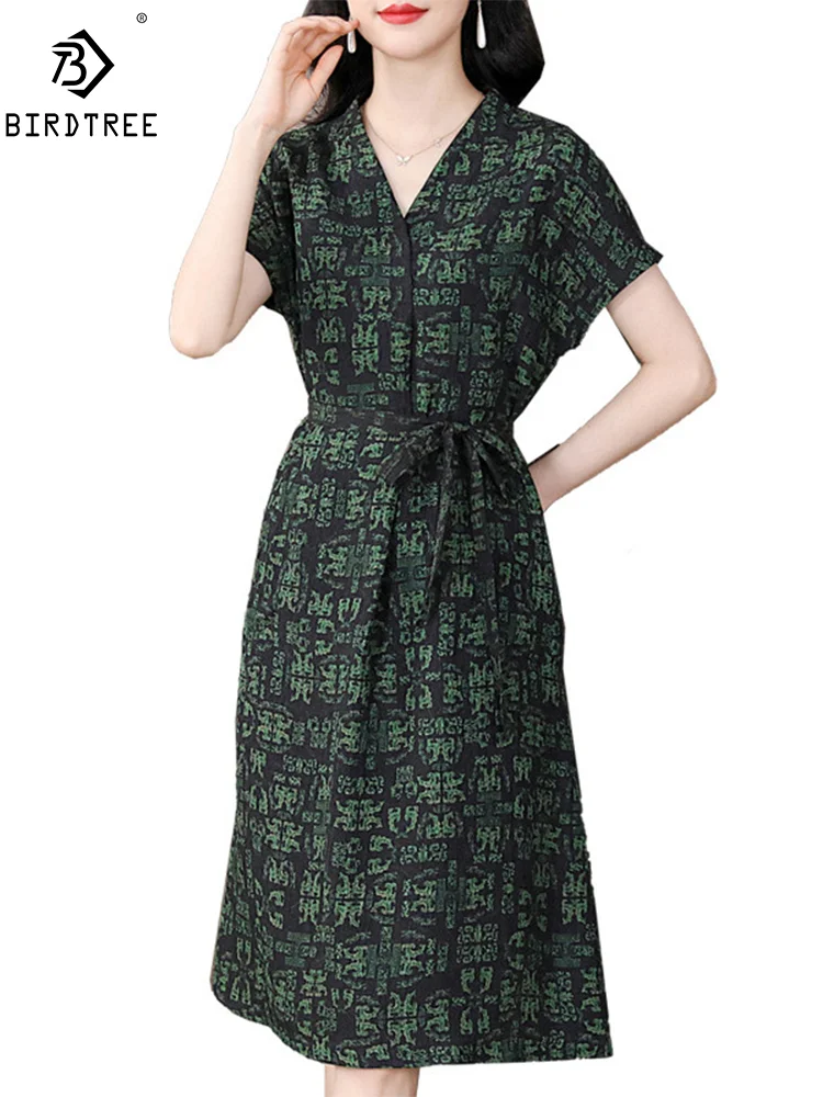 

BirdTree, Watered Gauze Silk Elegant Dress, Women Short Sleeve VNeck Retro Print, Fashion OL Dresses, 2024 Summer Fall D46046QM