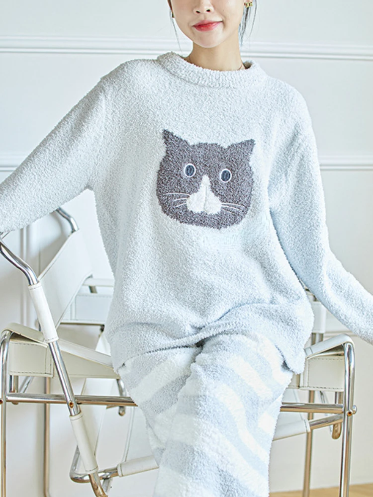 Japanese Fall Winter Warm Pajama Sets Cute Cat O-neck Pullover Tops + Loose Striped Tousers Sleepwear Women Casual Homewear Suit