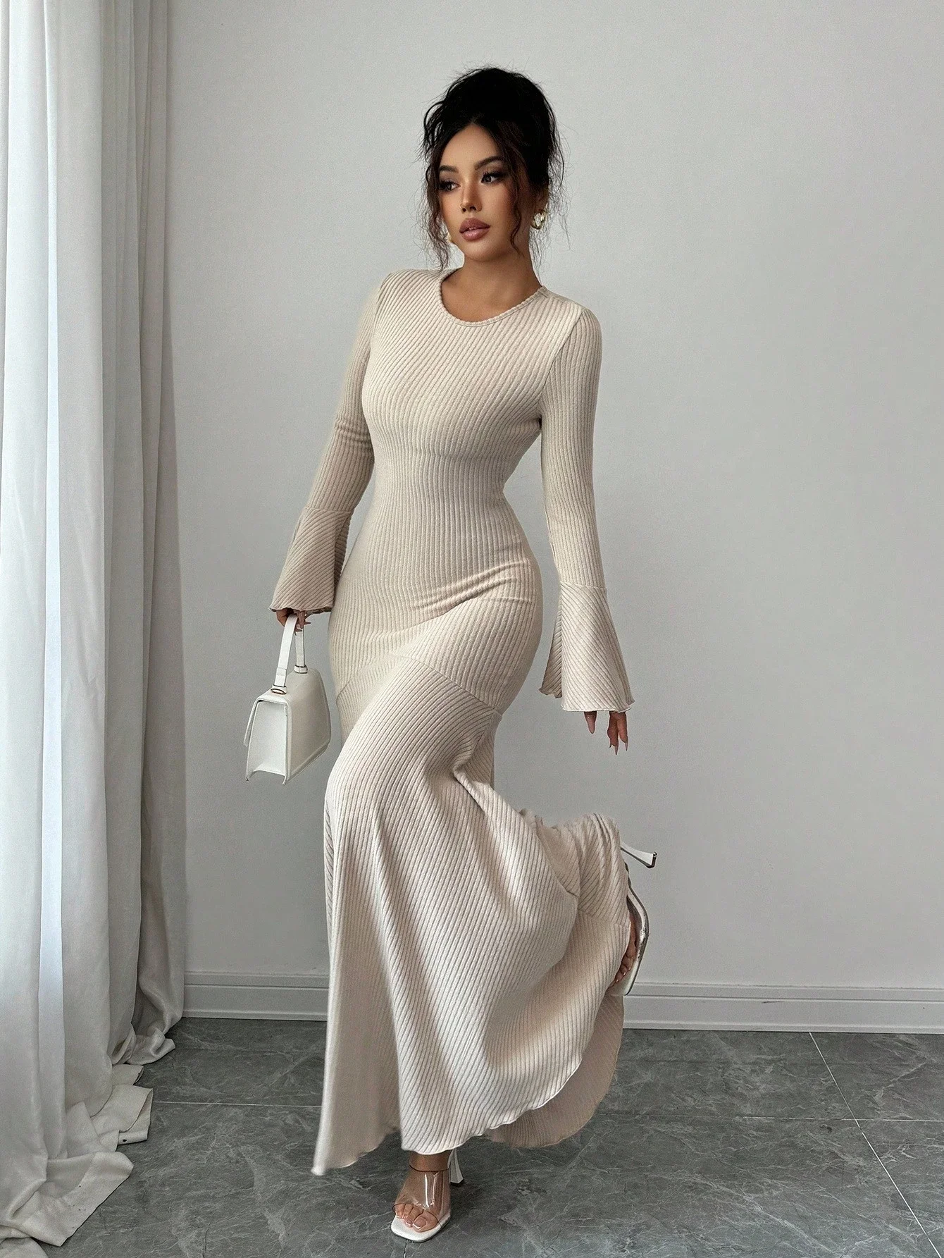 

Элегантное облегающее платье-русалка с рюшами на рукавах для женщин, осень-зима