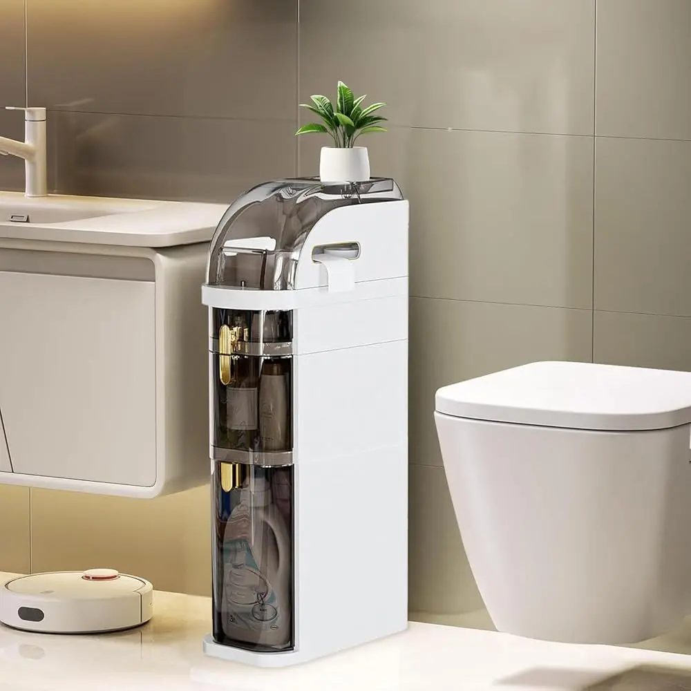 

3-Tier Narrow Bathroom Storage Cabinet With Wheels & Tissue Box, 7.1 H Skinny Bathroom Cabinet Waterproof Organizer, Slim
